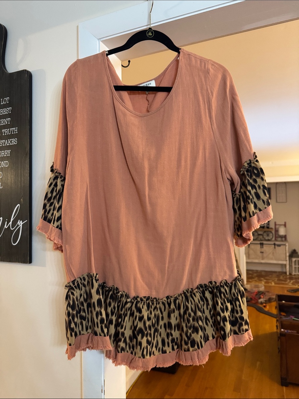 Umgee Peach Tunic with Leopard Ruffle Trim